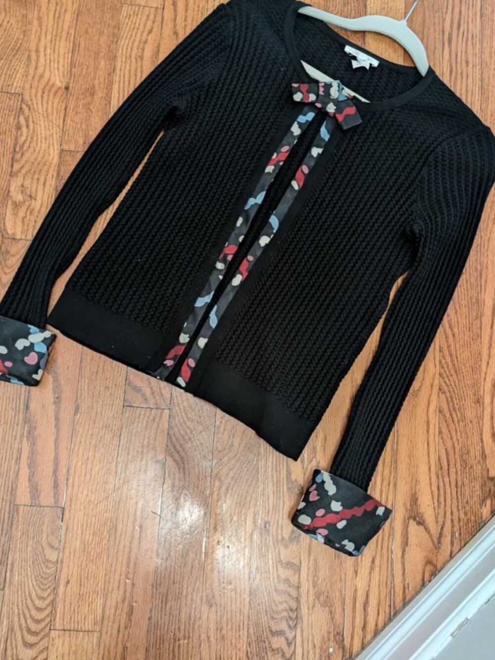 Paule Ka Black Chunky Rib Knit Tie-Front Bow Cardigan Camo Trim M